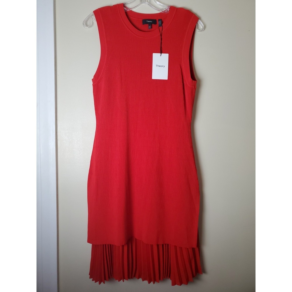 NWT Theory Deep Tangerine Chiffon Combo Sweater Dress Ribbed Knit Pleated Medium